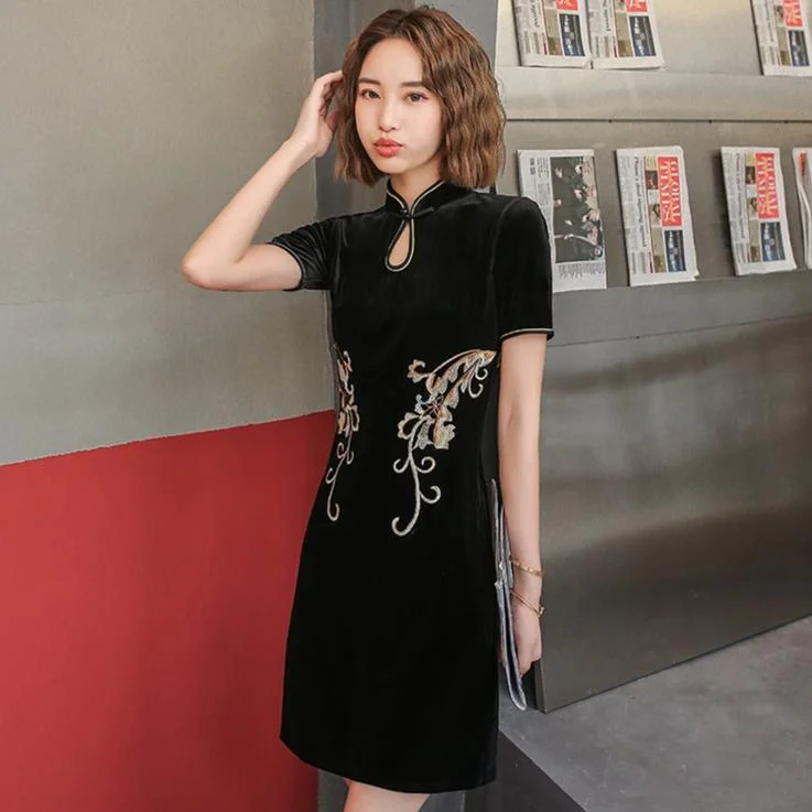 Floral Embroidery Modern Cheongsam Mini Qipao Day Dress