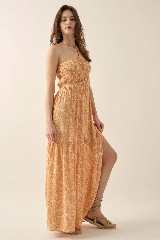 Golden Garden Gathered Floral Halter Maxi Dress