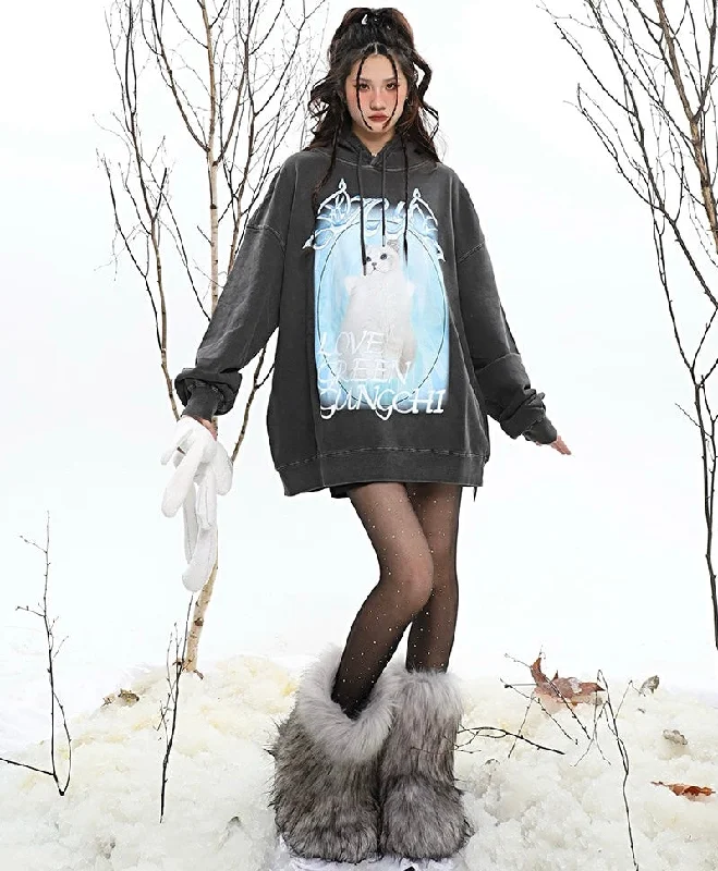 ICY KITTY Graphic Print Solid Color Long Sleeve Hoodie