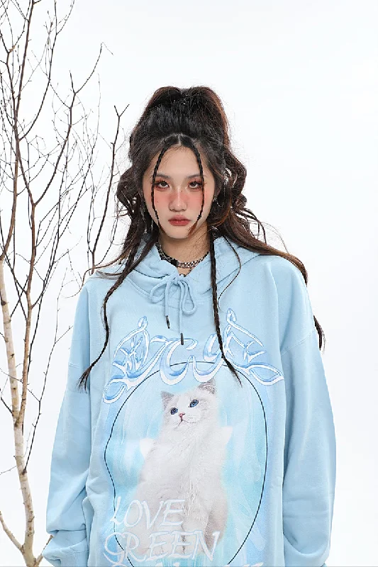 ICY KITTY Graphic Print Solid Color Long Sleeve Hoodie