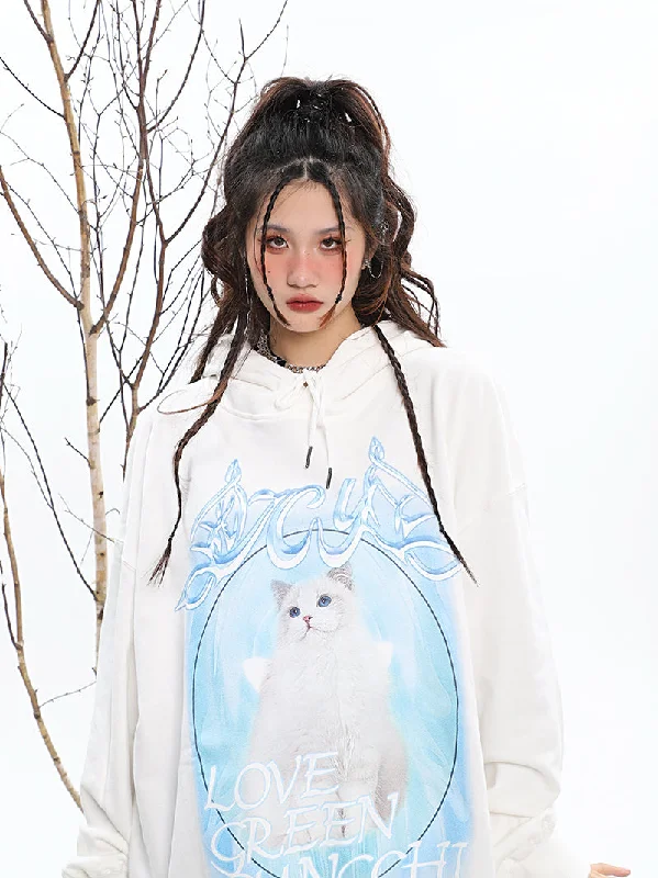 ICY KITTY Graphic Print Solid Color Long Sleeve Hoodie