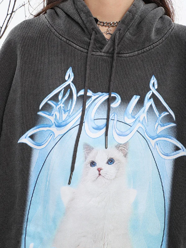 ICY KITTY Graphic Print Solid Color Long Sleeve Hoodie