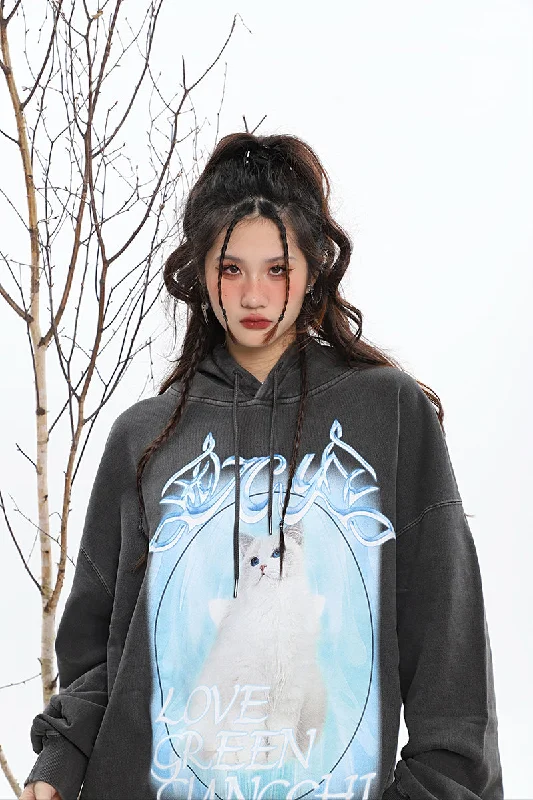 ICY KITTY Graphic Print Solid Color Long Sleeve Hoodie