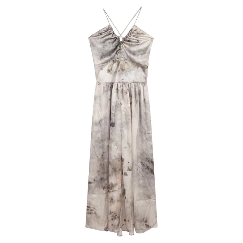 Kila Tie-Dye & Solid Color Slip Backless V-Neck Sleeveless Long Flowing A-Line Maxi Dress