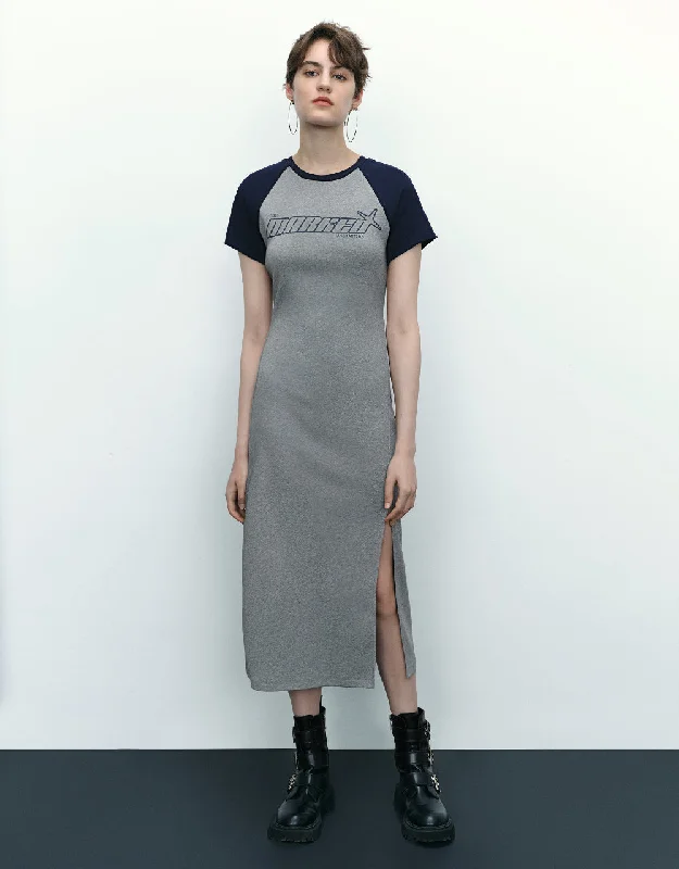 Letter Printed Crew Neck Straight Dress