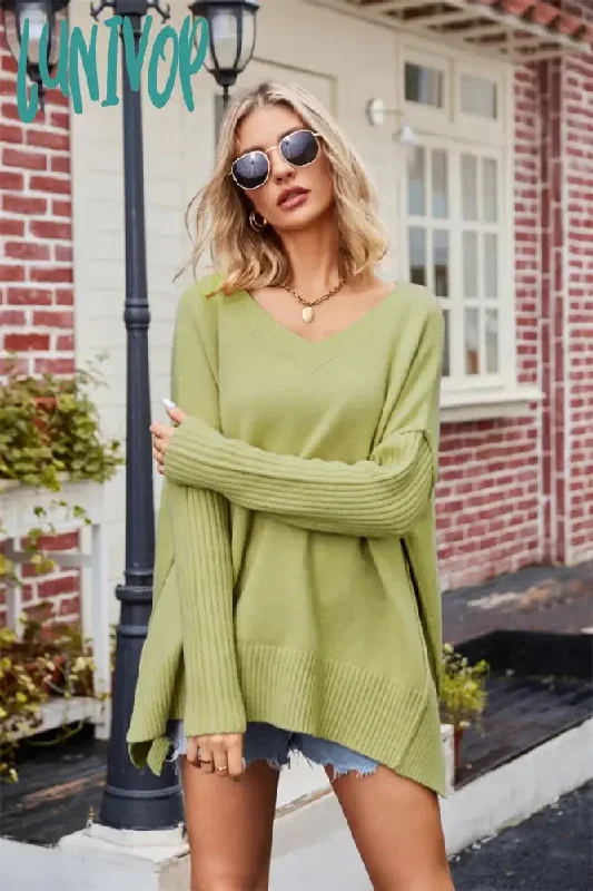 Lunivop Autumn Winter Women's Sweaters Solid Loose V-neck Side Slit Warm Knitted Pullover Top Solid Color Female Jumpers Fashion New