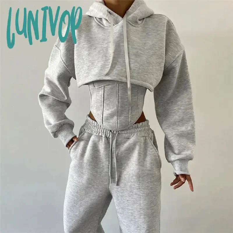 Lunivop Casual Fashion Hooded Sweatshirts Pullover 2 Piece Set Outfits for Women Corset Top and Pant Jumpers Matching Sets