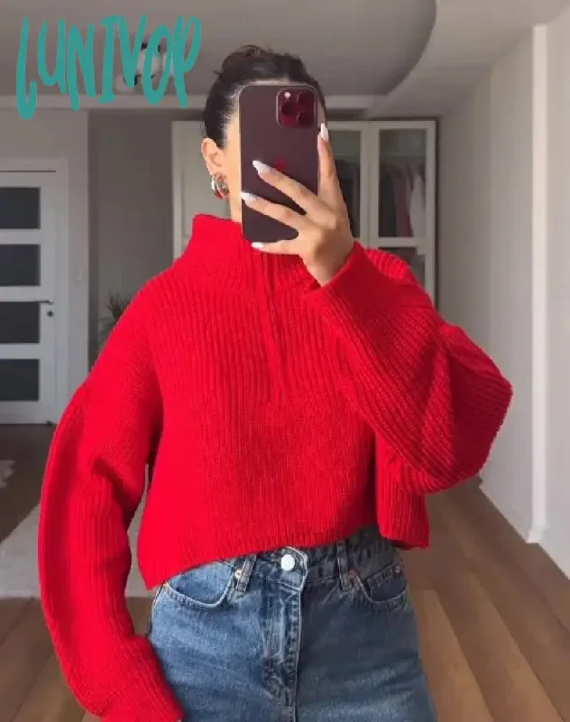 Lunivop Christmas Red Knit Women Zipper Elegant Pullover Long Sleeve Loose Soft Warm Cropped Top Sweater Fall Chic Casual Party Outwear