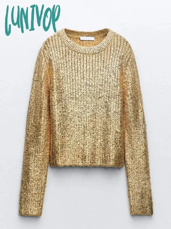 Lunivop Elegant Gold Women's Bright Silk Pullover Sweater Causal Chic O Neck Long Sleeved Jumpers Autumn Female Fashion Knitwear