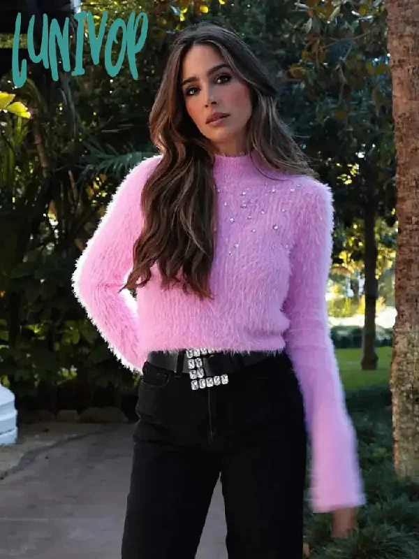 Lunivop Elegant Pink Mohair Knit Diamond Jumper For Women Long Sleeve Mock Neck Soft Warm Sweet Vrop Pullover 2024 Lady Chic Streetwears