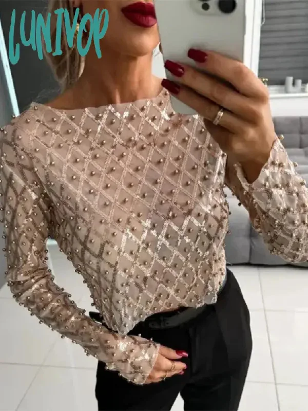 Lunivop Fashion Y2K Beading Colorful Sequin Women's Shirt Casual Round Neck Long Sleeves Pullover Top Lady Evening Club Chic Streetwear