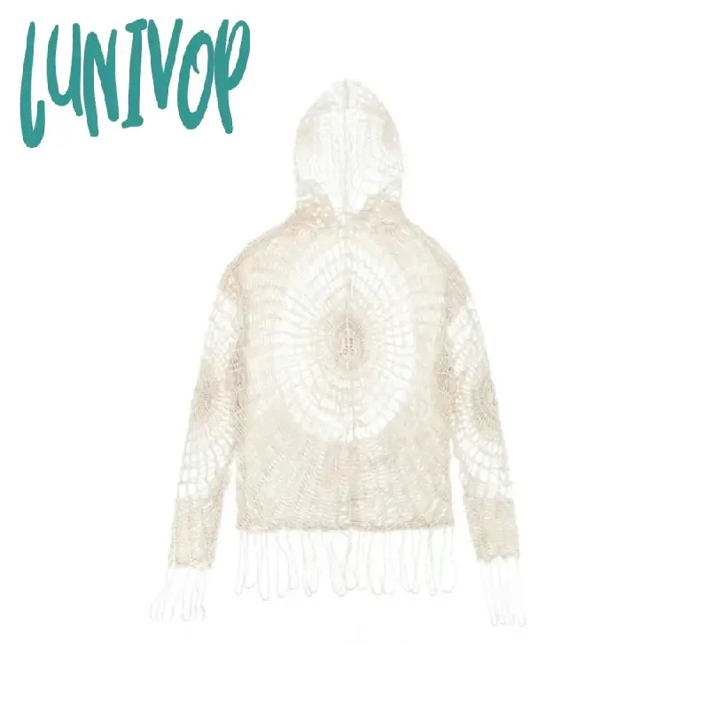 Lunivop Goth Grunge Y2k Crochet Tops Women Streetwear Knit Spider Web Hooded Mesh Pullover High Street Hollow Clothes Sweaters