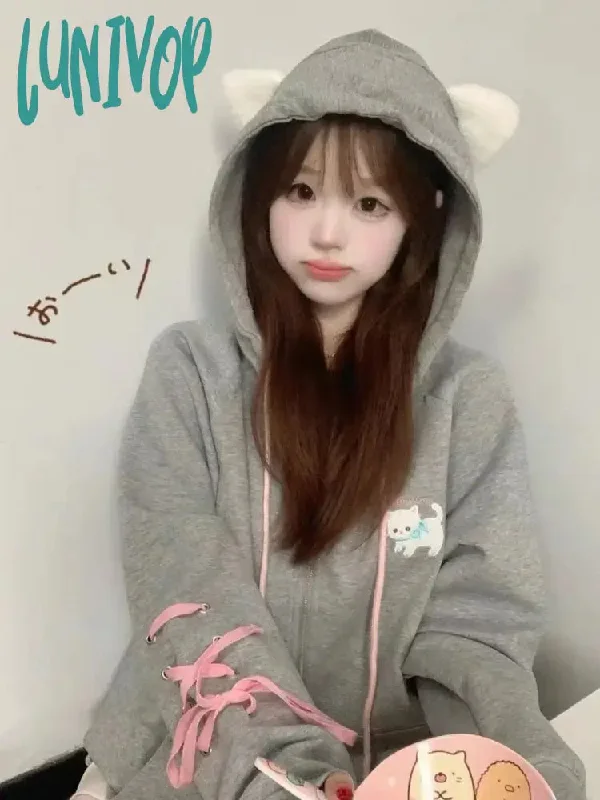 Lunivop Kawaii Cat Ears Zip Up Hoodies Women Sweet Girl Japanese Fashion Hooded Sweatshirts Cute Cartoon Embroidery Casual Tops