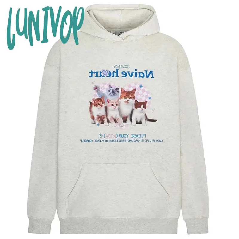 Lunivop Kawaii Cat Print Hoodies Women Sweet Cute Aesthetic Animal Graphic Hooded Pullover Casual Harajuku Sweatshirts Tops