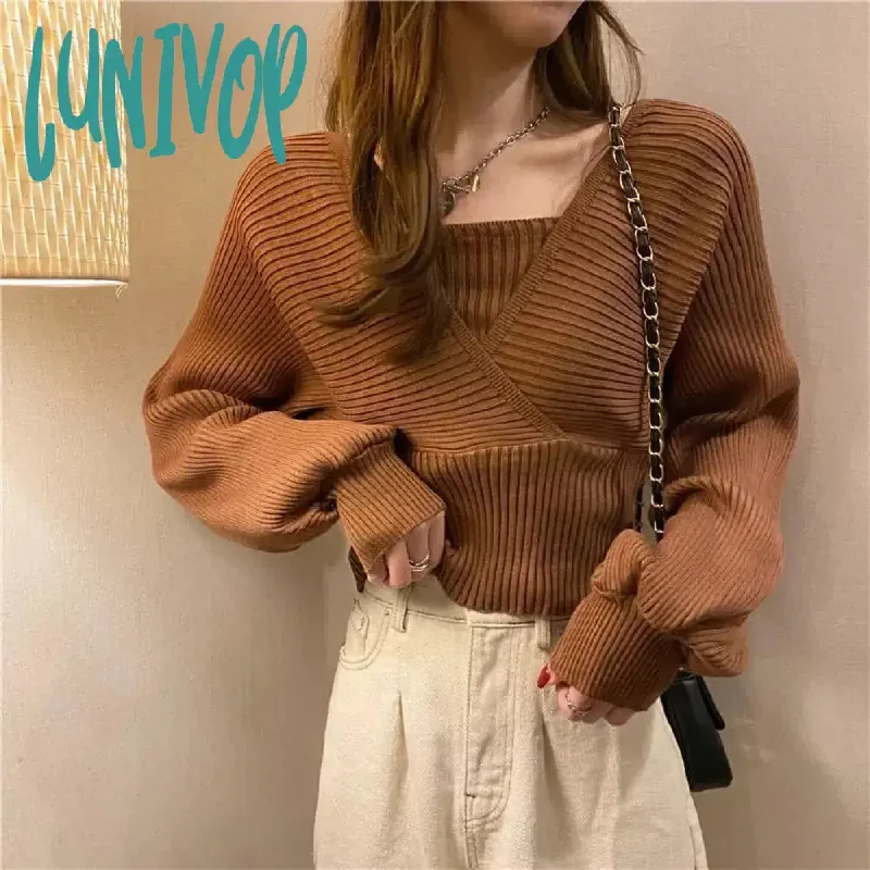 Lunivop Knitted Crop Sweaters Women Pullovers Vintage Casual Design Knit Tops Autumn Solid Korean Fashion Fake Two-piece