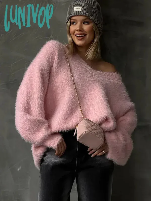 Lunivop Mohair Pink V-neck Soft Wmen Knit Jumper Lantern Sleeve Loose Casual Warm Oversize Pullover Sweater Autumn Chic Outwear Knitwear