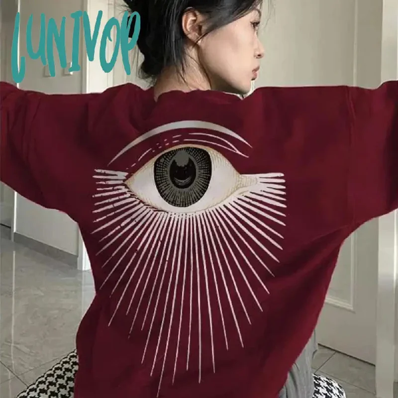 Lunivop Oversize Red Graphic Sweatshirts Women Streetwear Aesthetic Eye Print Pullover Grunge Punk Hip Hop Hoodie Casual Tops