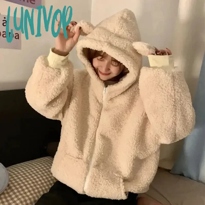 Lunivop Sweet Kawaii Bear Zip Up Hoodies Women Japanese Harajuku Cute Ear School Student Hooded Sweatshirt Autumn