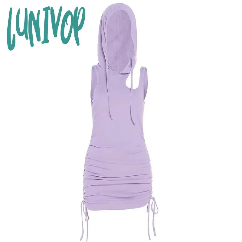 Lunivop Vestidos Sexy Aesthetic Elastic Dresses Women Half High Collar Sleeveless Femme Hollow Out Bodycon Mini Hooded Dress Woman