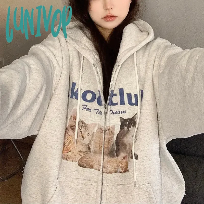 Lunivop Vintage Kawaii Zip Up Cat Print Hooded Sweatshirts Women Y2k Harajuku Streetwear Graphic Hoodies Cotton Zipper Kpop Top