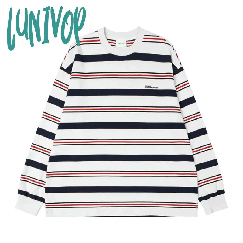 Lunivop Vintage White Striped Sweatshirts Women Harajuku Fashion Streetwear Crew Neck Hoodies Korean Style Casual Tops Autumn