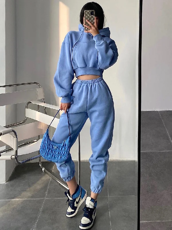 Maci Solid Color Cropped Hoodie High Waist Sweatpants Matching Set