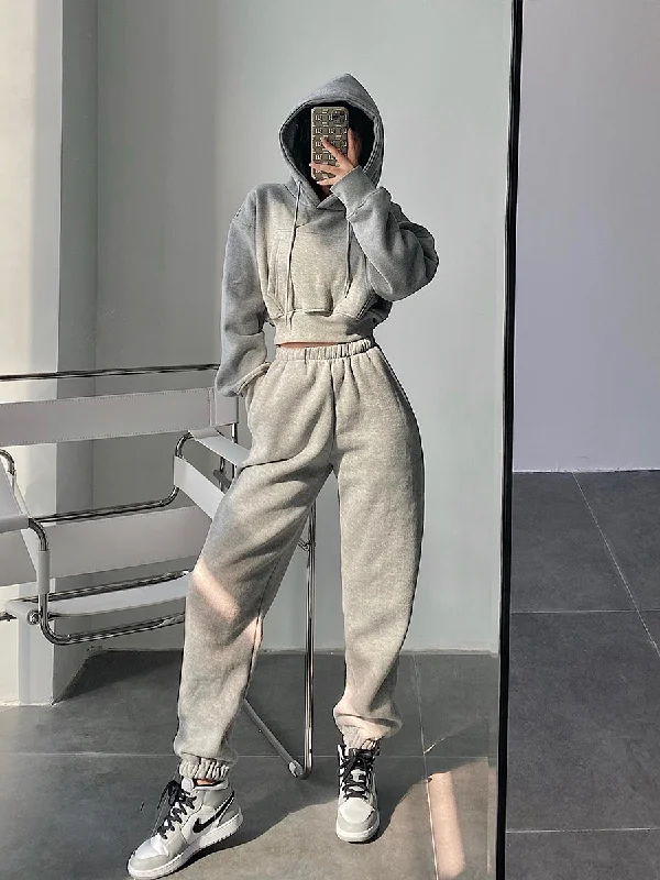 Maci Solid Color Cropped Hoodie High Waist Sweatpants Matching Set