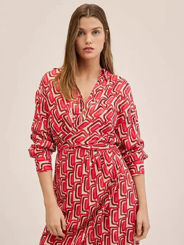 Mango Chain Print Cross Waist Shirt Dress Red/Multi Size UK 12