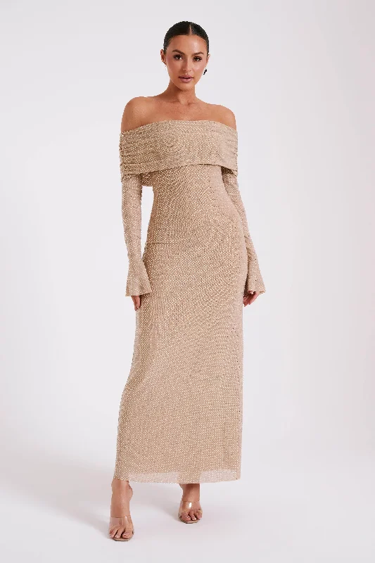 Marcel Off Shoulder Diamante Maxi Dress - Nude