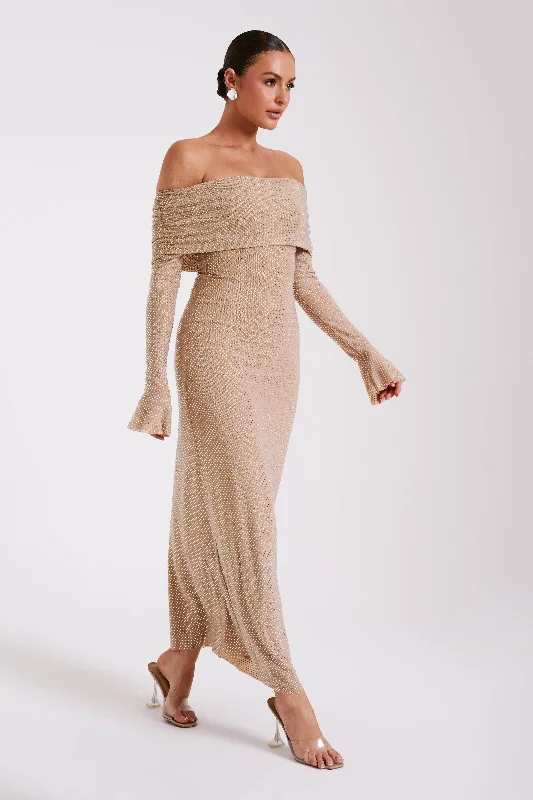 Marcel Off Shoulder Diamante Maxi Dress - Nude