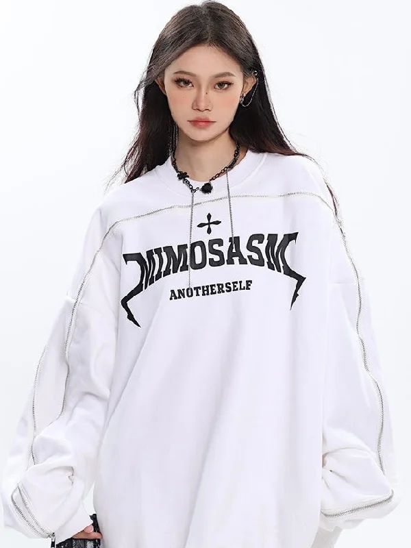 MIMOSASM Graphic Letter Print Solid Color Patchwork Long Sleeve Sweatshirt