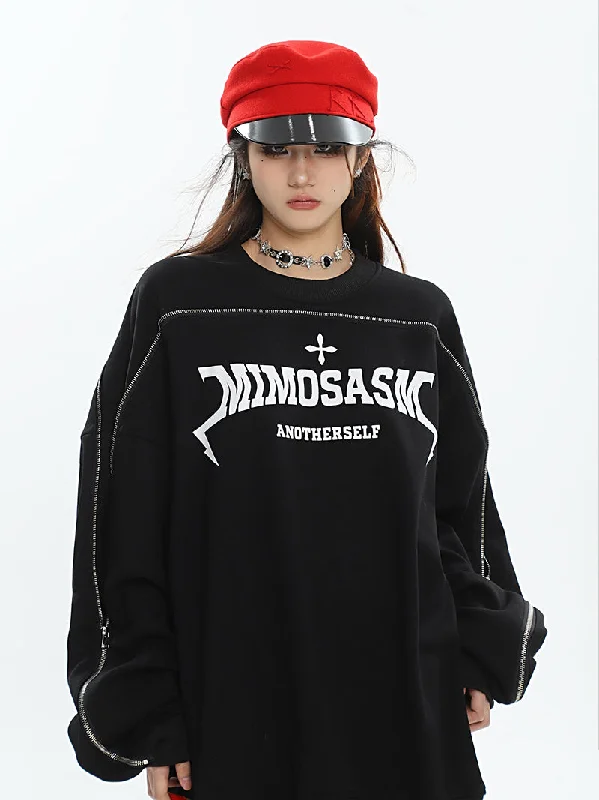 MIMOSASM Graphic Letter Print Solid Color Patchwork Long Sleeve Sweatshirt