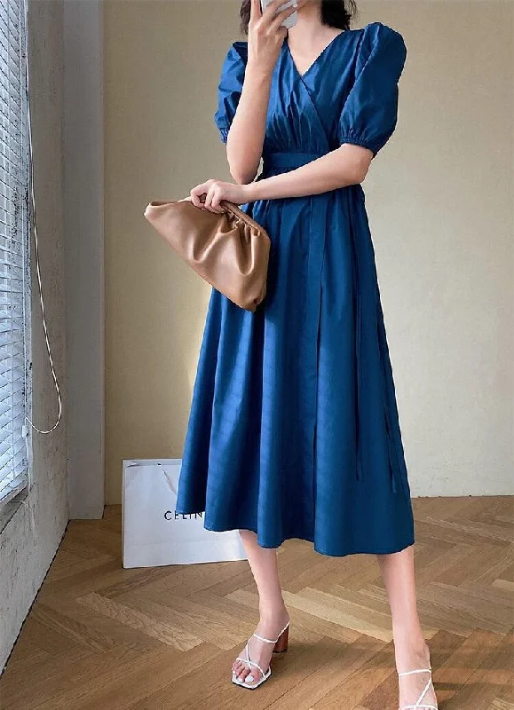 Puff Sleeve Wrap Midi Dress