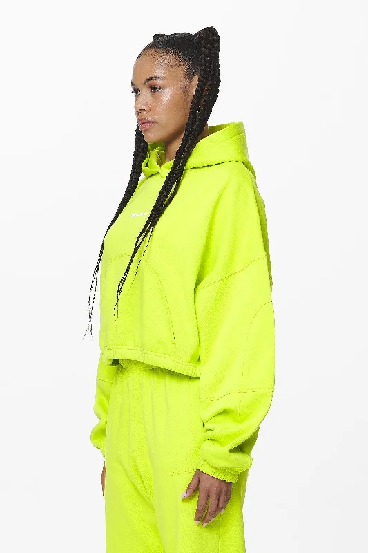 Skei Logo Oversized Cropped Hoodie Washed Lime Yellow