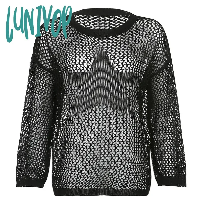 Lunivop  Hollow Out Oversized Sweater Women 2024 New Solid Star Solid See Through Knitted Pullover Womens Knitwear Cover-up Ladies