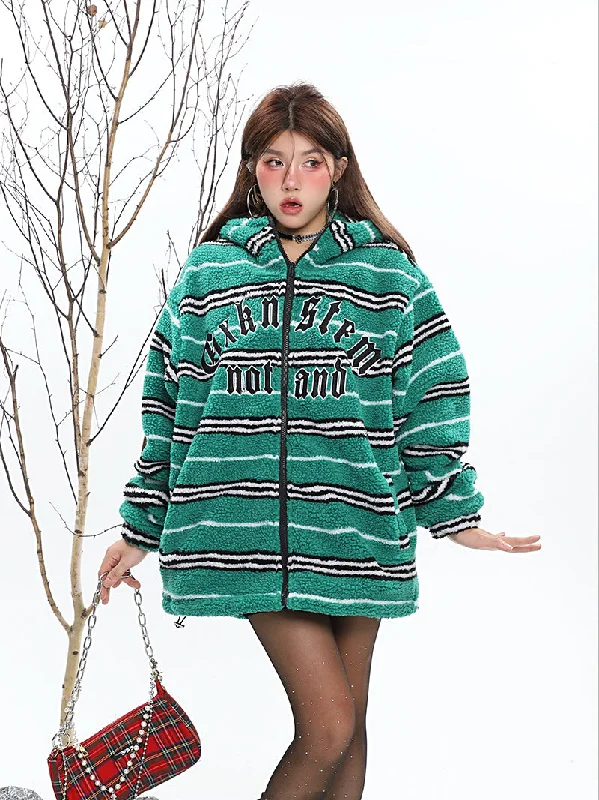 Teddy Striped Fleece Warm Zip Up Hoodie