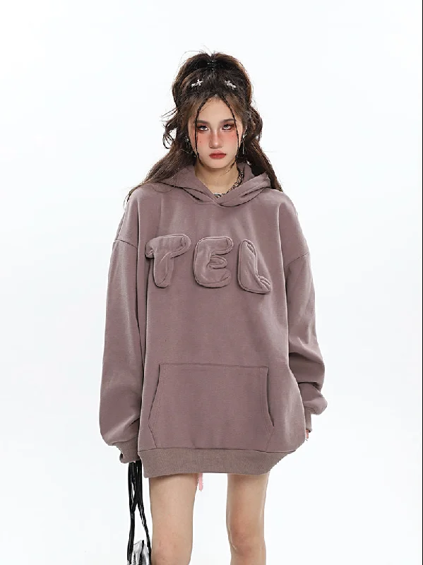 TEL 3D Bubble Letters Patchwork Solid Color Long Sleeve Hoodie