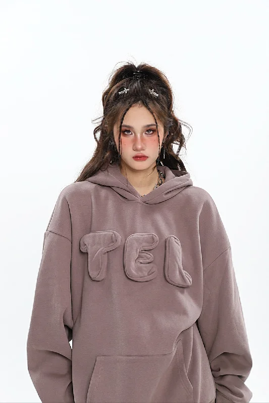 TEL 3D Bubble Letters Patchwork Solid Color Long Sleeve Hoodie