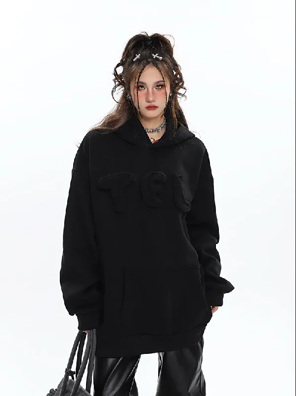 TEL 3D Bubble Letters Patchwork Solid Color Long Sleeve Hoodie