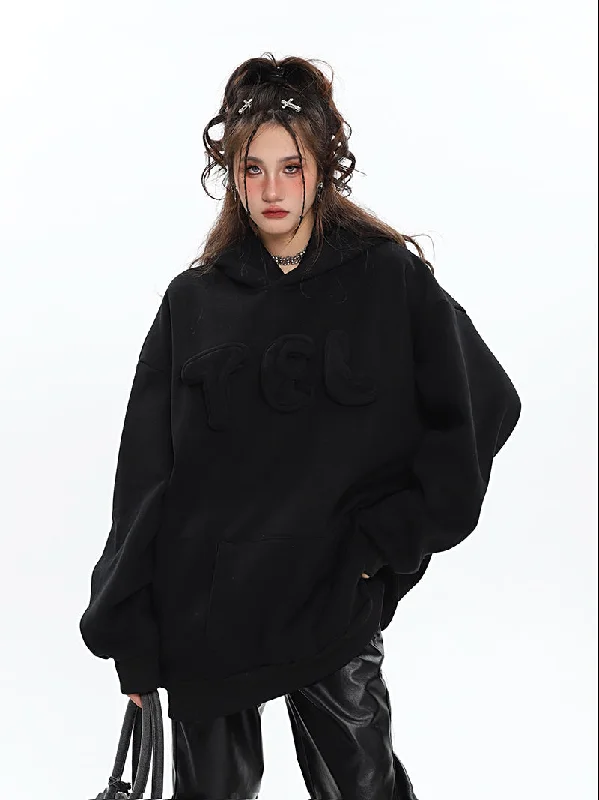 TEL 3D Bubble Letters Patchwork Solid Color Long Sleeve Hoodie