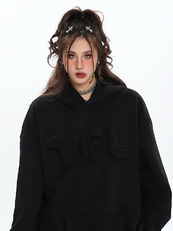 TEL 3D Bubble Letters Patchwork Solid Color Long Sleeve Hoodie