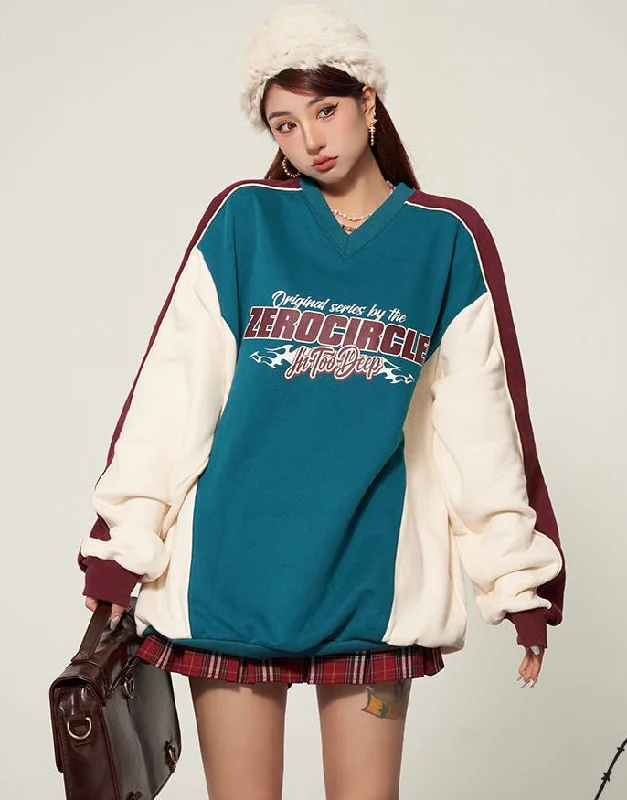 ZEROCIRCLE In Too Deep Letter Embroidery Patchwork Long Sleeve V-Neck Sweatshirt