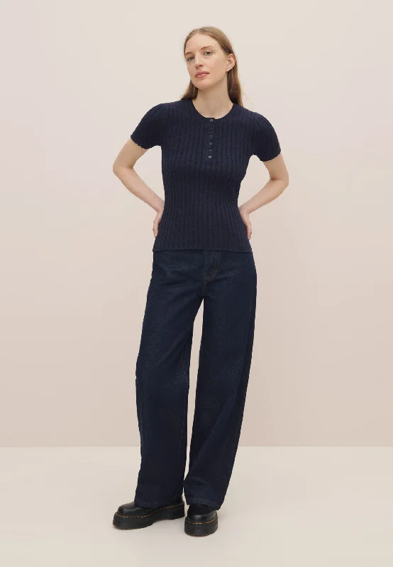 Henley Knit Top - Navy Marle