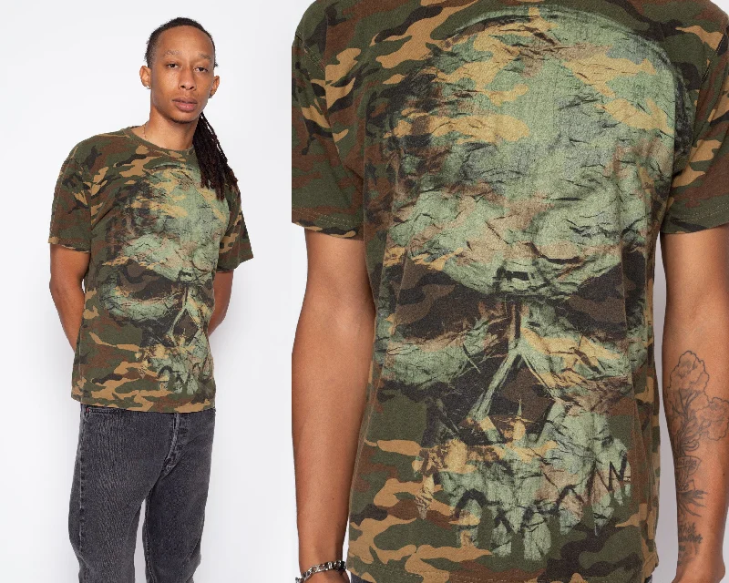 Large Y2K Camo Print Skull T Shirt