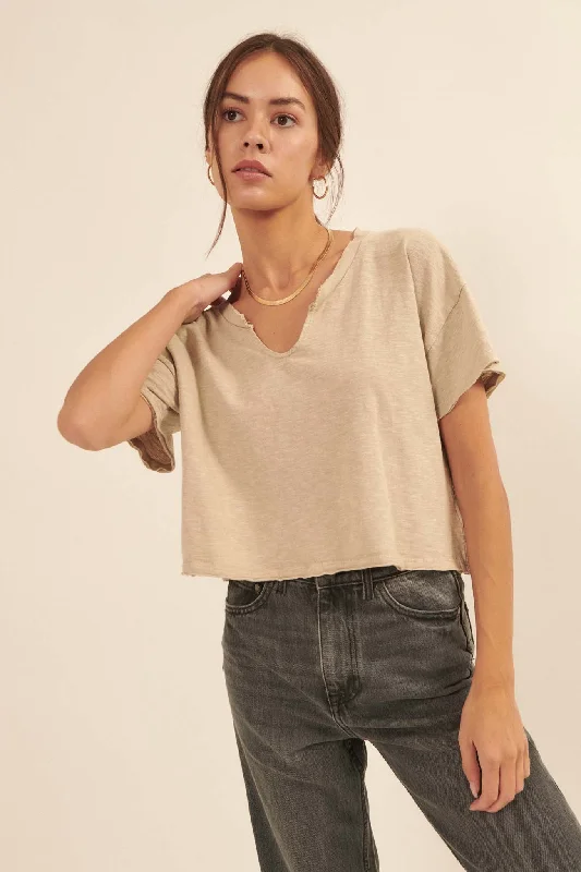 Low-Key Life Cropped Split-Neck Raw-Edge Tee