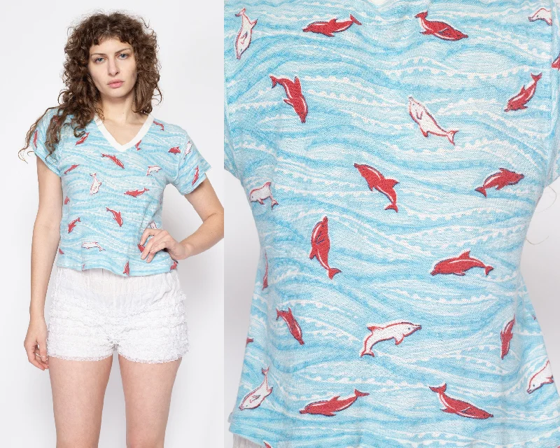 Med-Lrg 70s Dolphin All Over Print Waffle Knit Top