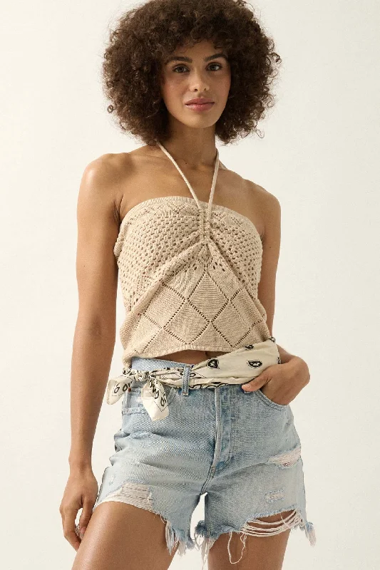 Nice Day Crochet Knit Drawstring Halter Tube Top