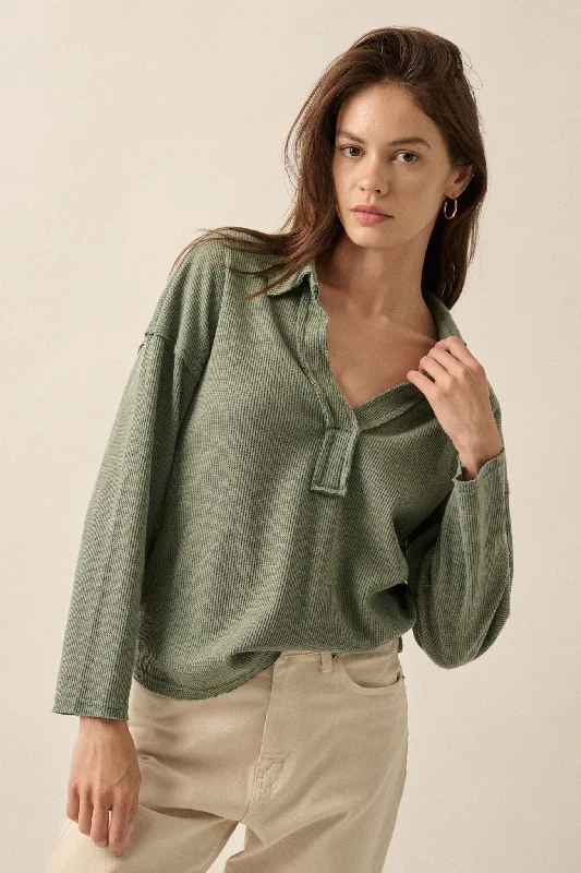 No Problemo Collared V-Neck Waffle-Knit Top