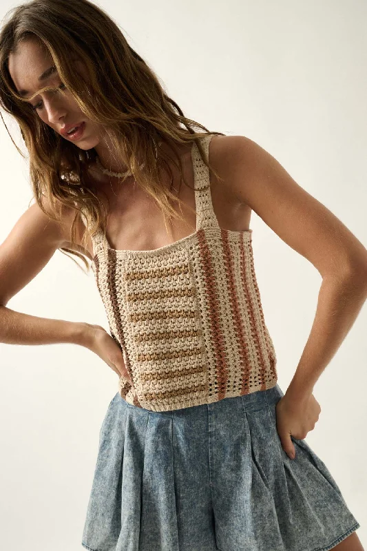 Sun and Surf Striped Crochet Knit Sweater Tank Top