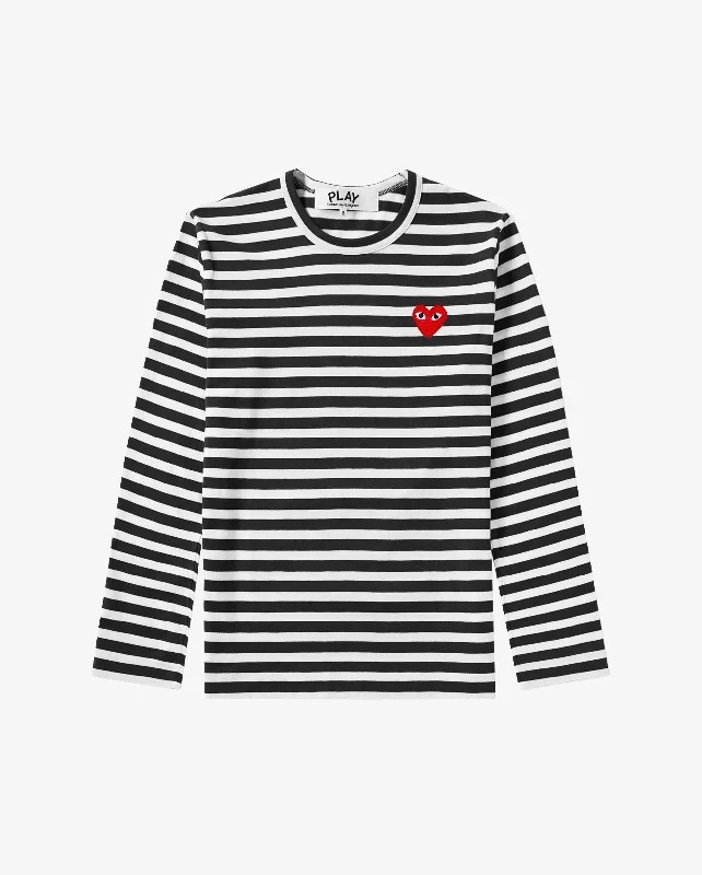 T164 UNISEX RED HEART L/S T-SHIRT / BLACK STRIPE